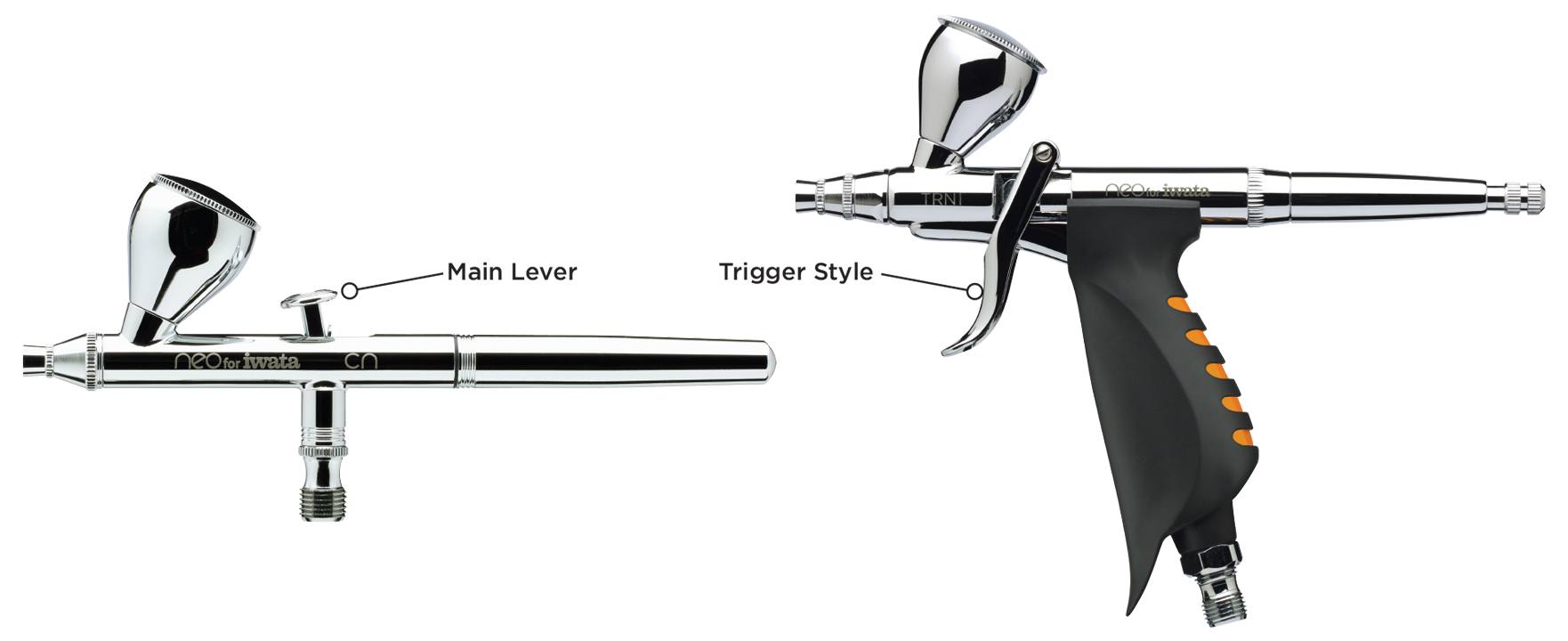 Two Iwata airbrushes showing the difference between Trigger and main lever models